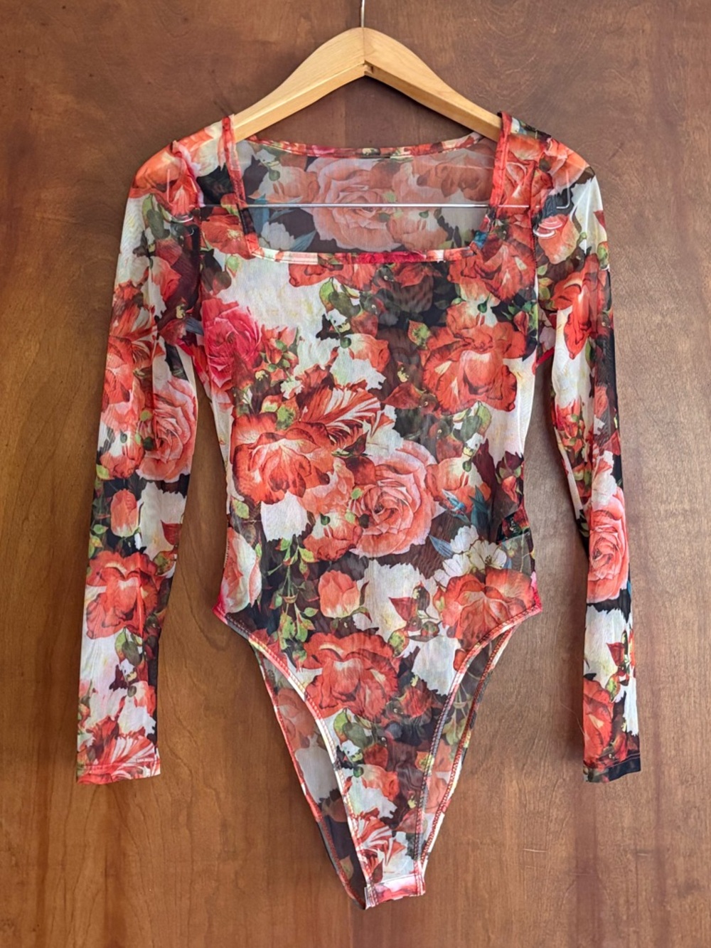 SHEIN Coral Floral Mesh Bodysuit with Teal Accents